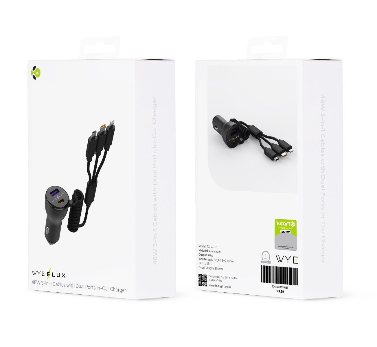 WYEFLUX 48W 3-in-1 Cables With Dual Ports In-Car Charger