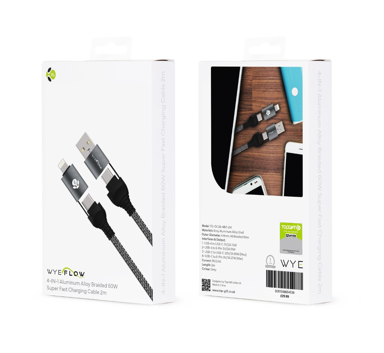 WYEFLOW 4-IN-1 Aluminum Alloy Braided 60W Super Fast Charging Cable 2m