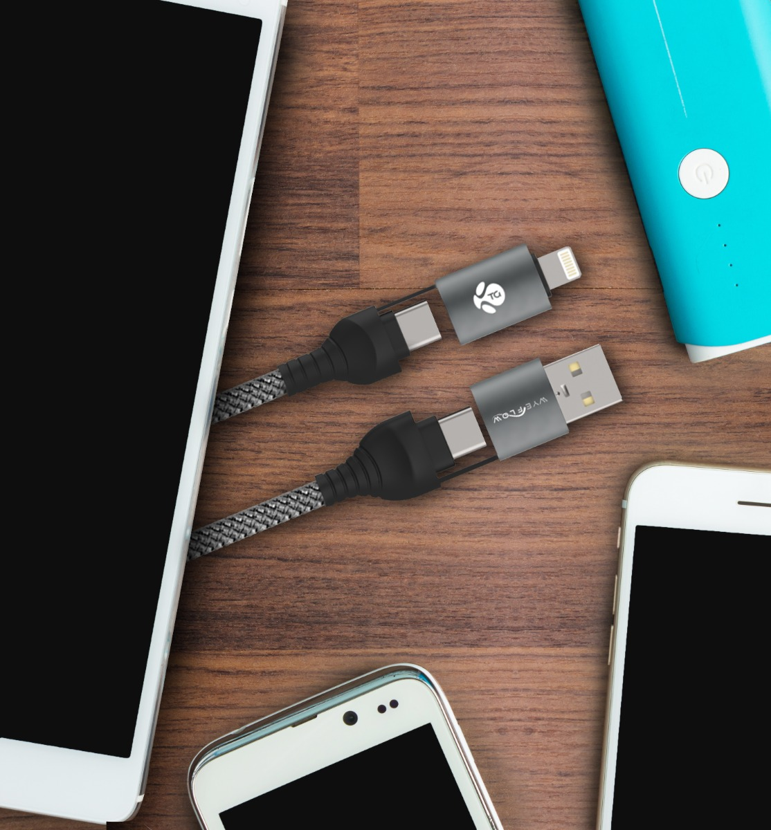 WYEFLOW 4-IN-1 Aluminum Alloy Braided 60W Super Fast Charging Cable 2m